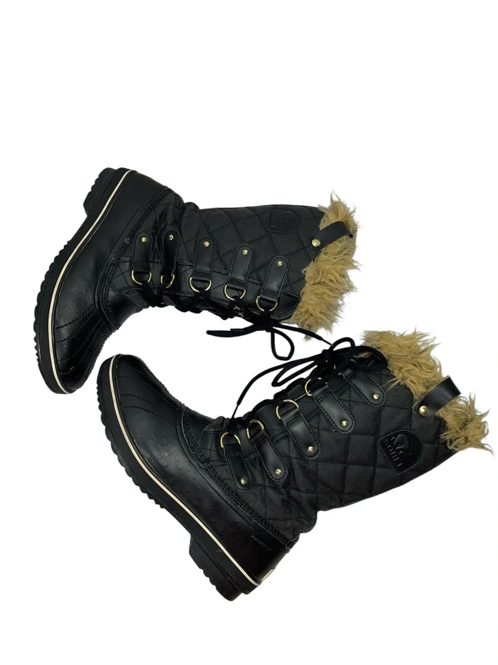 Sorel Tofino Canvas Winter Waterproof Lace Up Black Boots Faux Fur TanTrim 9.5